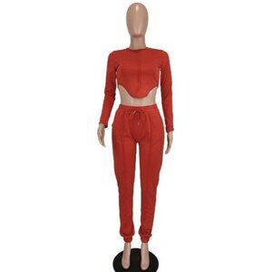 Womens Tracksuit Crop Top-Joggers Medium M Red Elastic Waist Long Sleeve Stretch